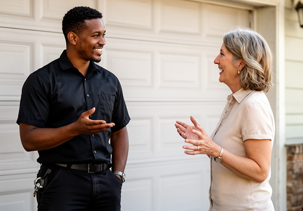 A smiling service technician in a black uniform conversing with a female homeowner in front of a white garage door.