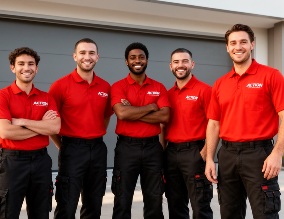 Five smiling technicians in red Action-branded polo shirts and black work pants standing side by side in front of a gray garage door.