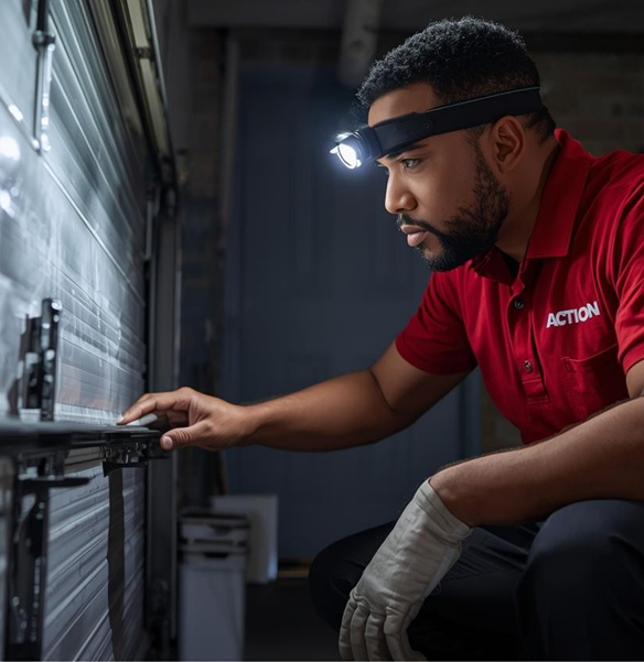 A male technician wearing a red Action-branded polo shirt and a illuminated headlamp inspects the track mechanism of an metal garage door up close.