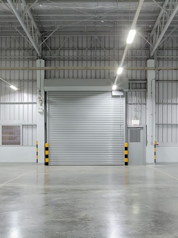 A rolling steel garage door in an industrial facility. 