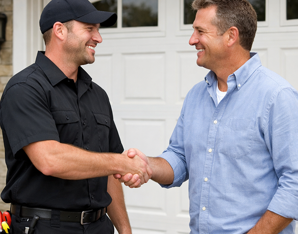 A professional service worker in a black uniform shaking hands with a smiling homeowner outside a white garage door.